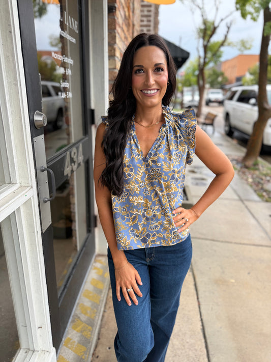 Dusty Indigo Floral Ruffle Top