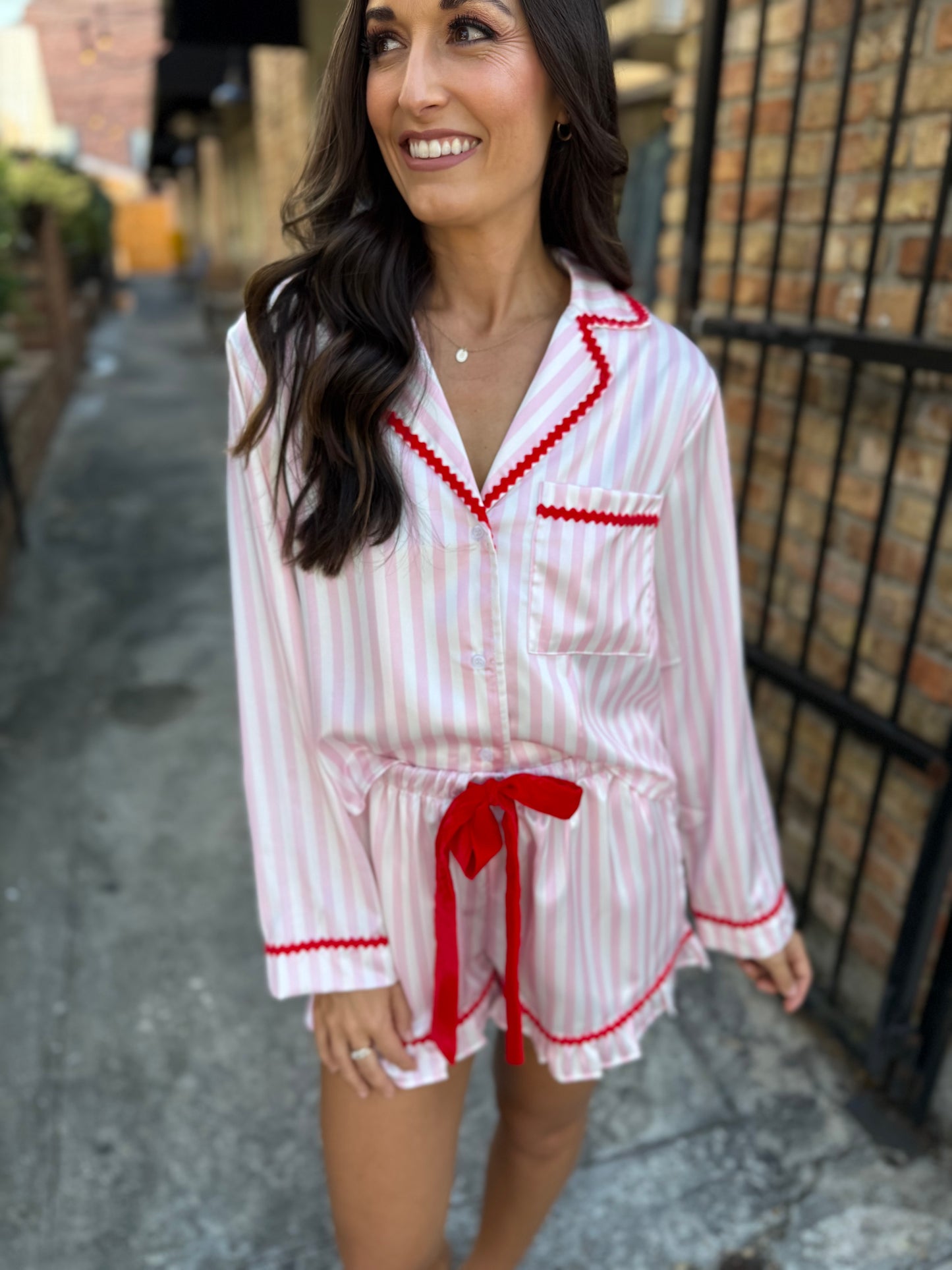 Stripe Velvet Edge Pajama SET- Pink/Red