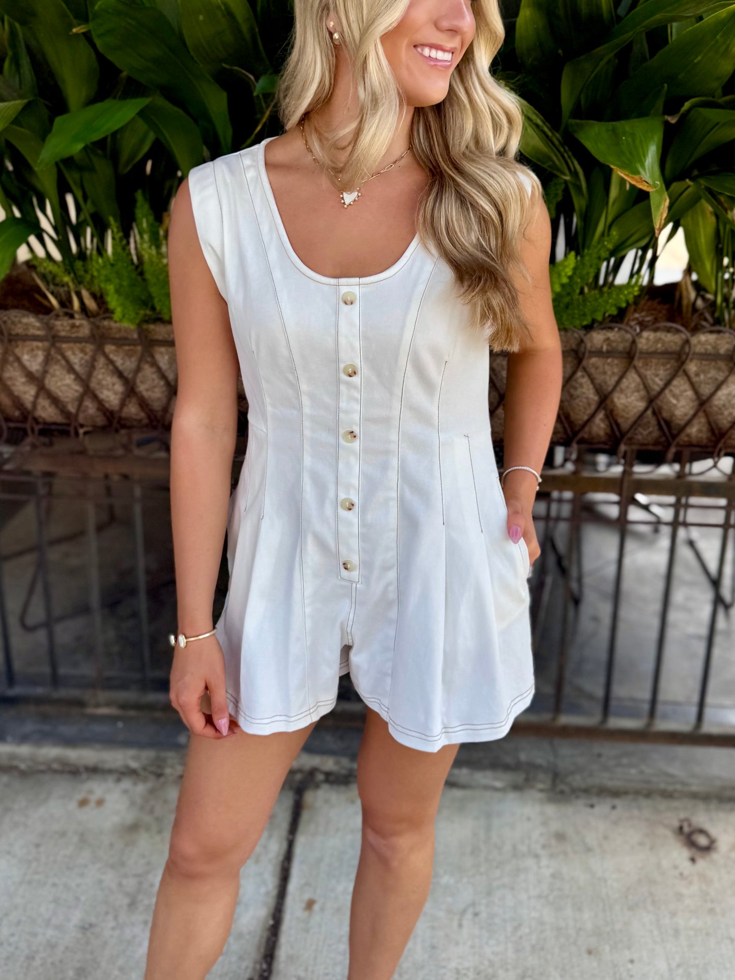 Landon Scoop Neck Romper- Ivory