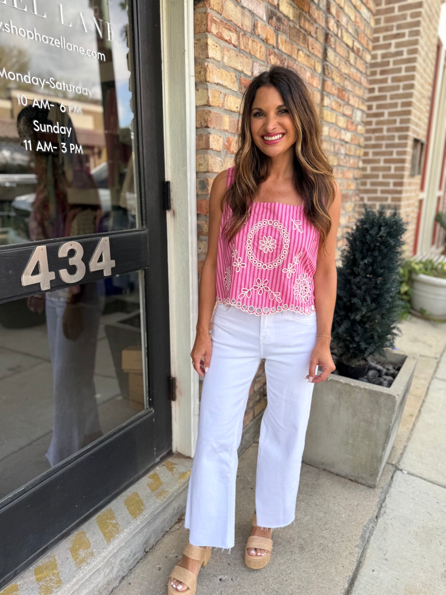 Striped Eyelet Top- Pink