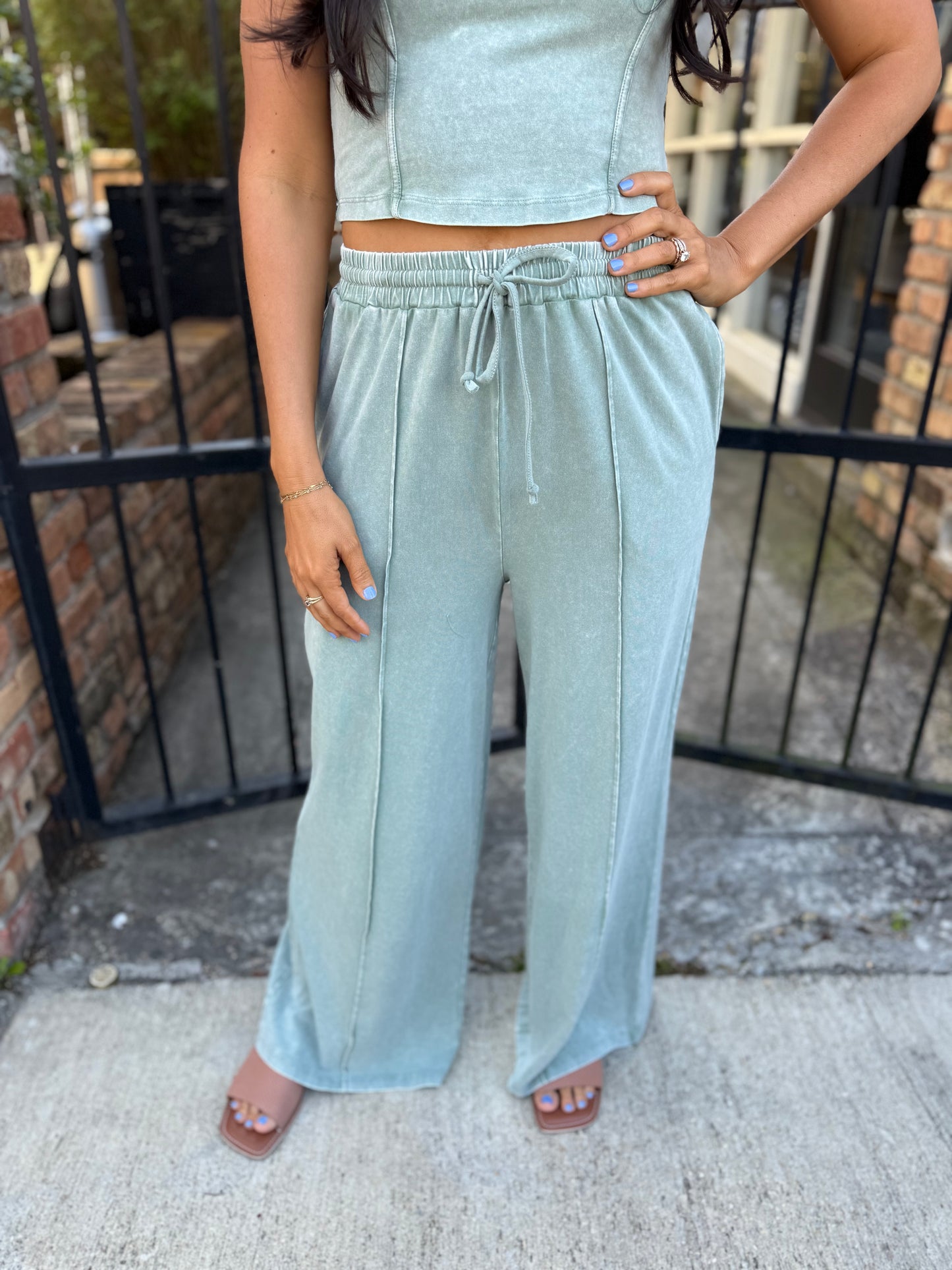 FP Mineral Washed 2 PC Pants Set- Sage Green