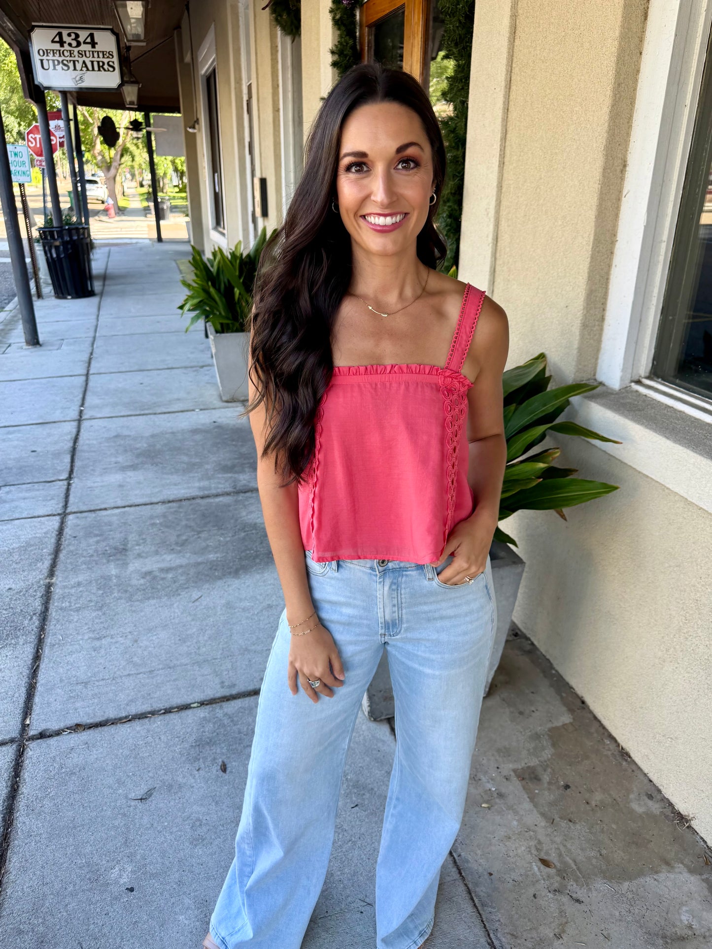 Doha Eyelet Flowy Tank- Bright Pink