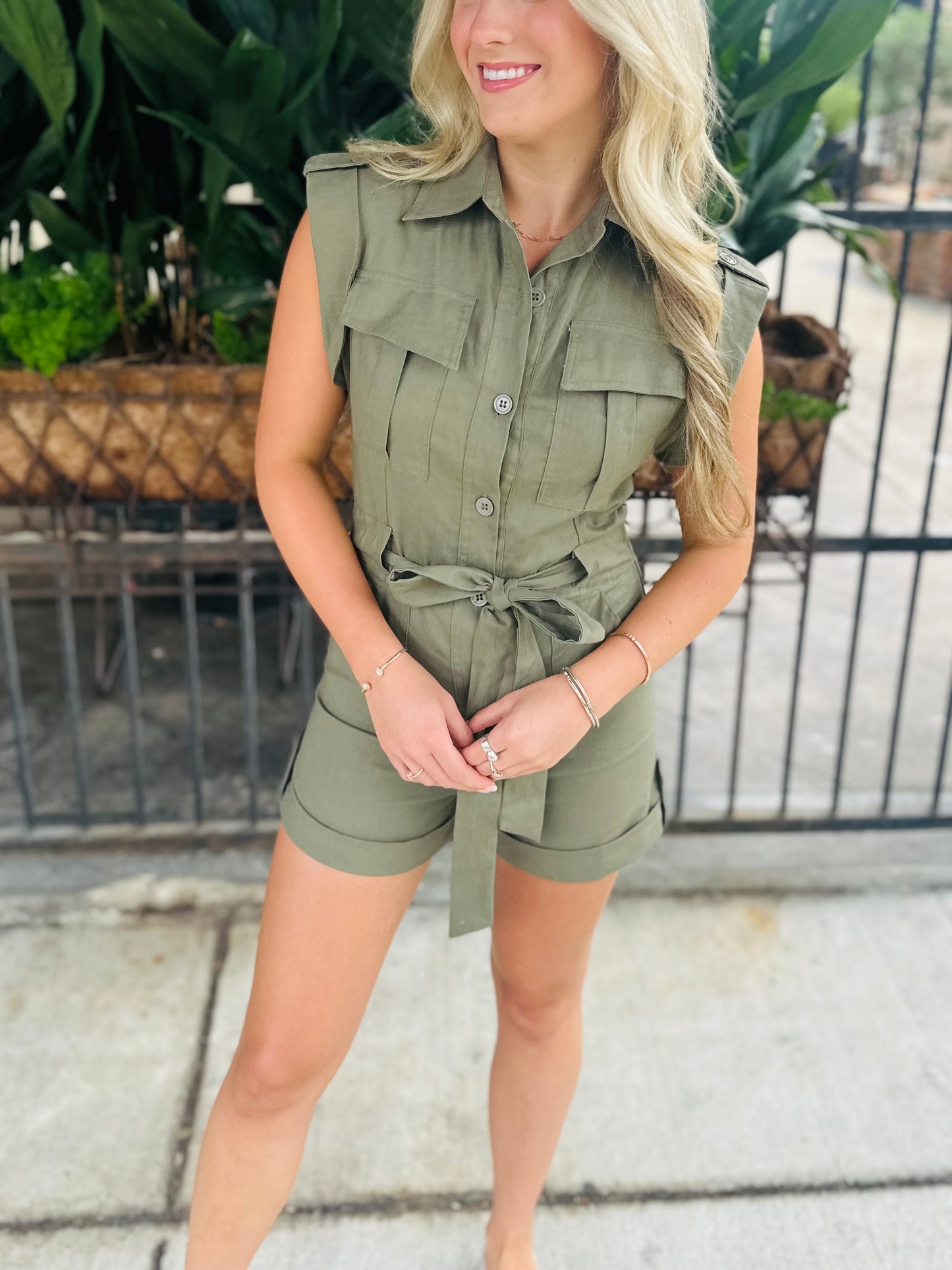 Juno Linen Romper- Olive