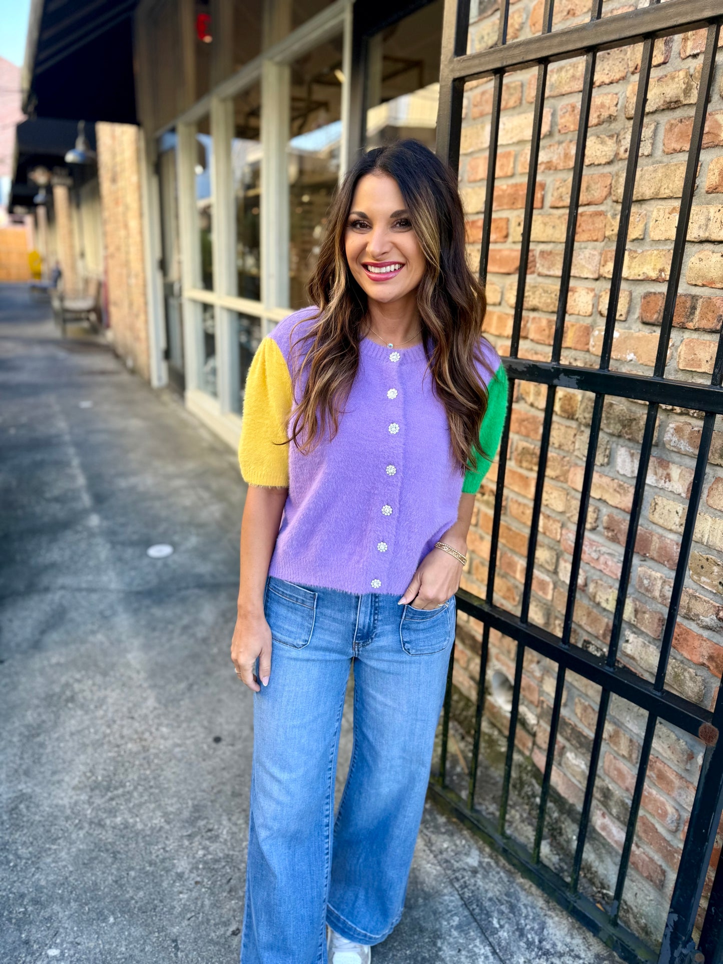 MG Flower Rhinestone Button Cardigan