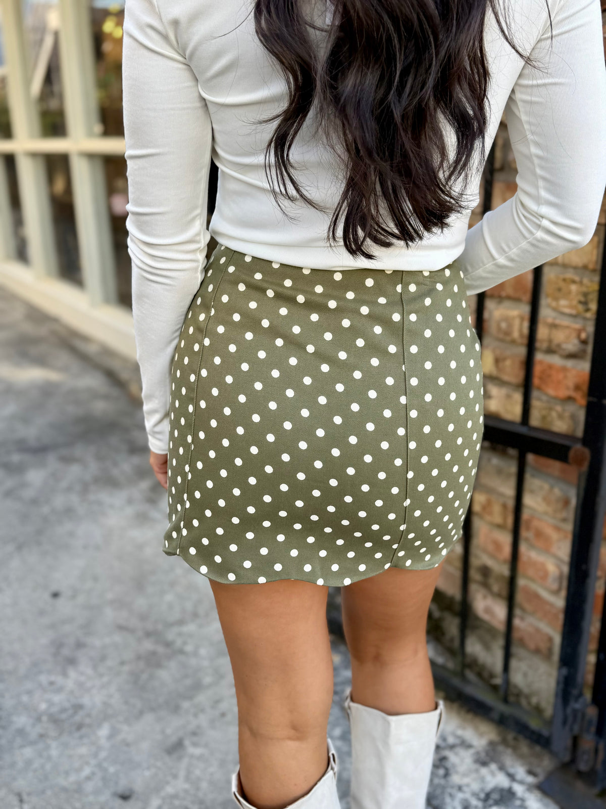 Polka Dot Scalloped Mini Skirt- Olive