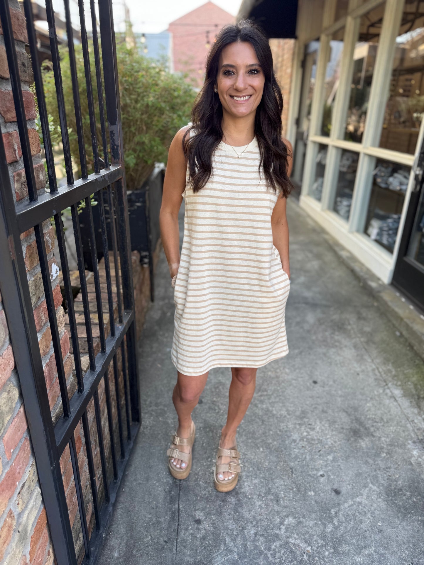 Piper Stripe Sleeveless Pocket Dress- Taupe