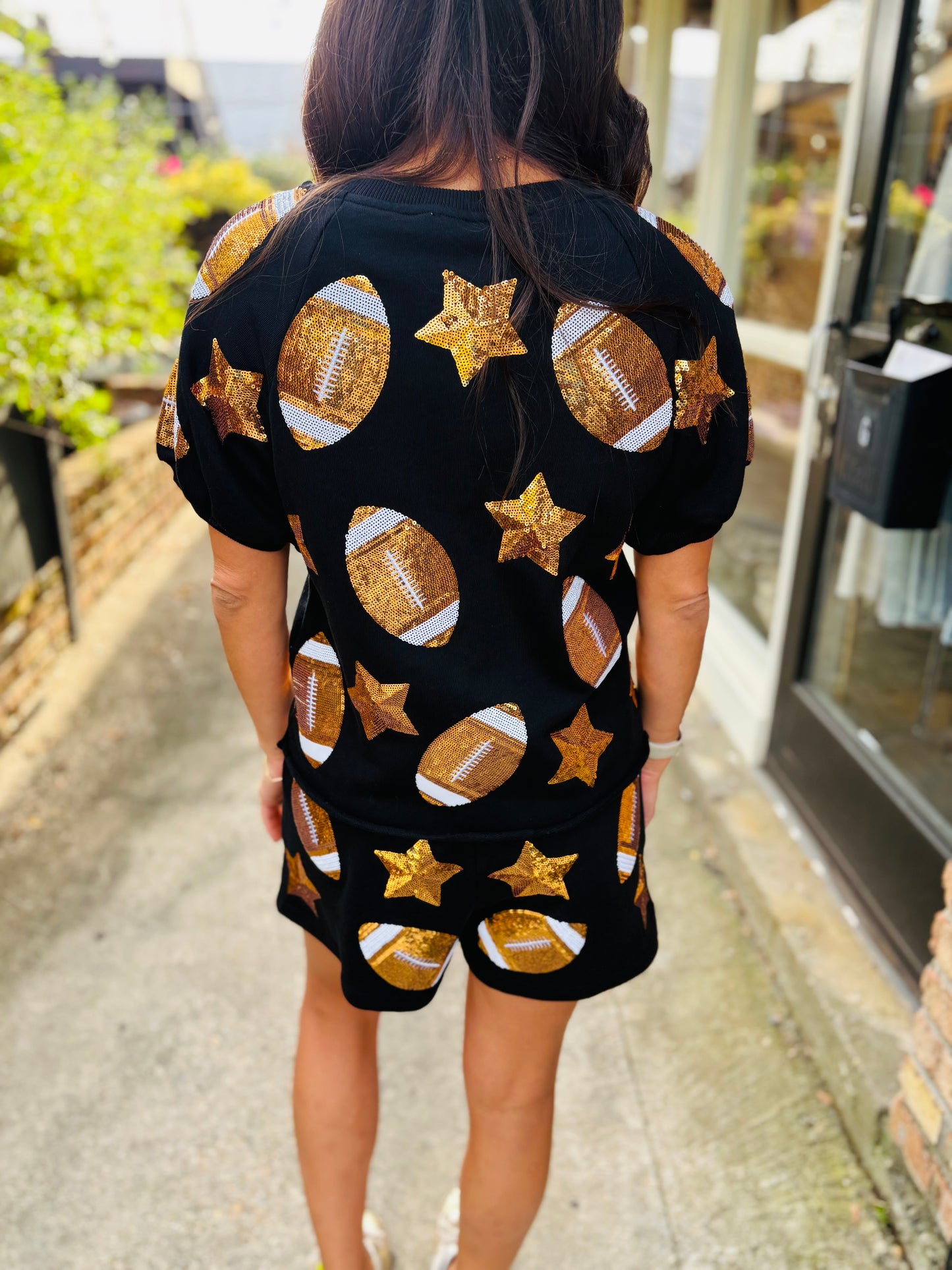 Scattered Football & Stars Top- Black