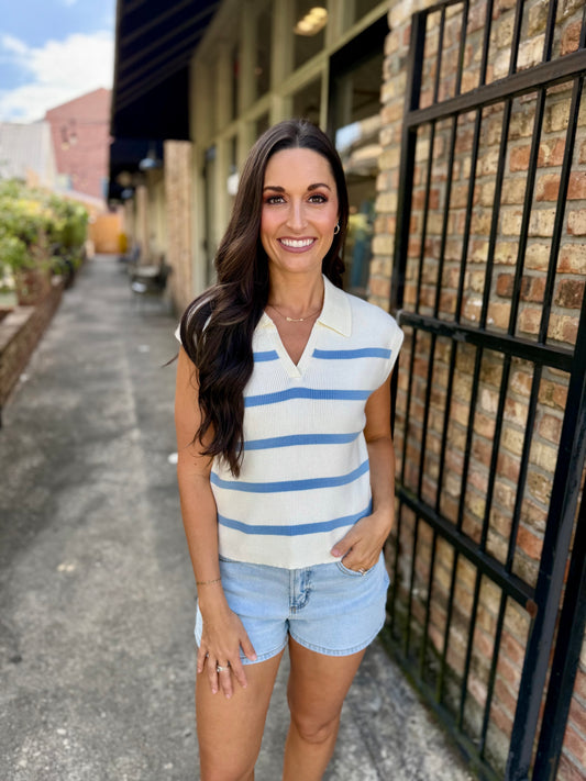Collared Striped Polo Vest- Baby Blue