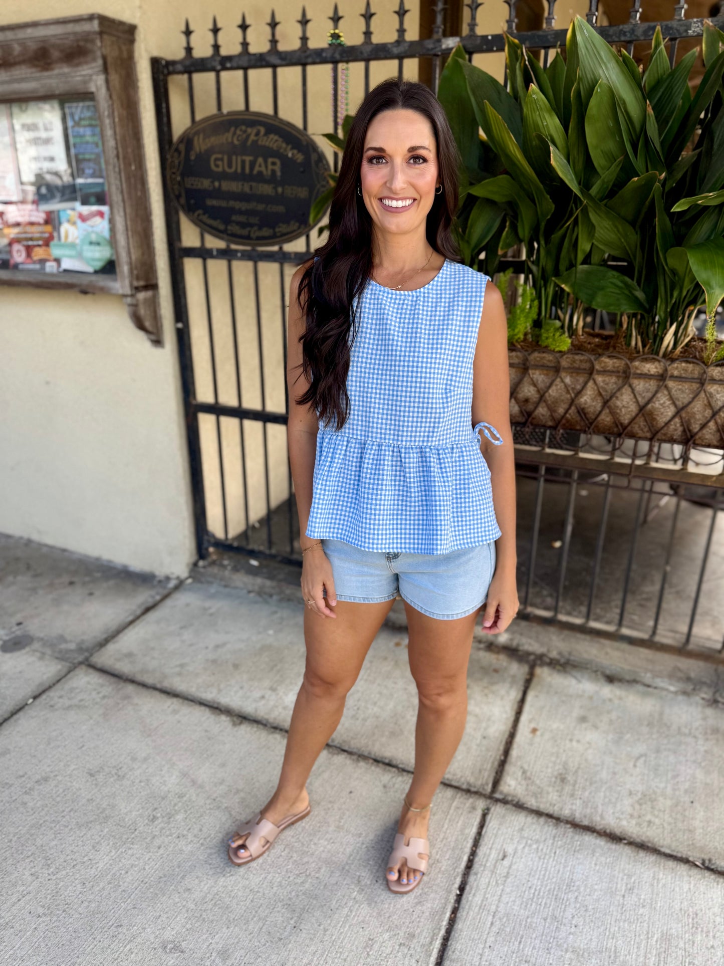 Gingham Peplum Top- Blue
