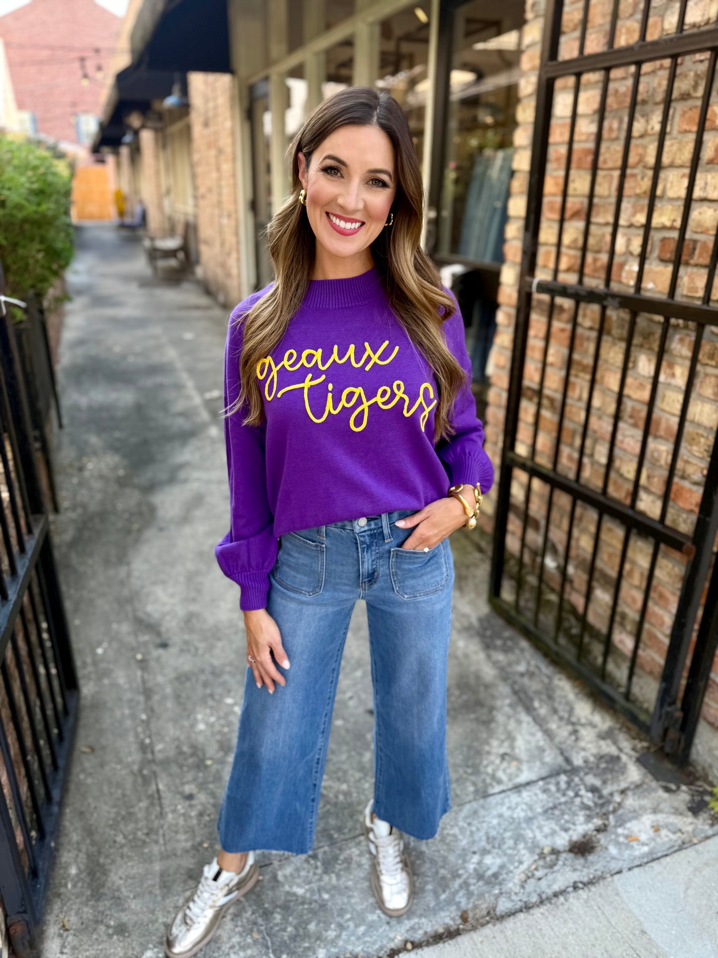 Geaux Tigers Embroidered Mock Sweater- Purple