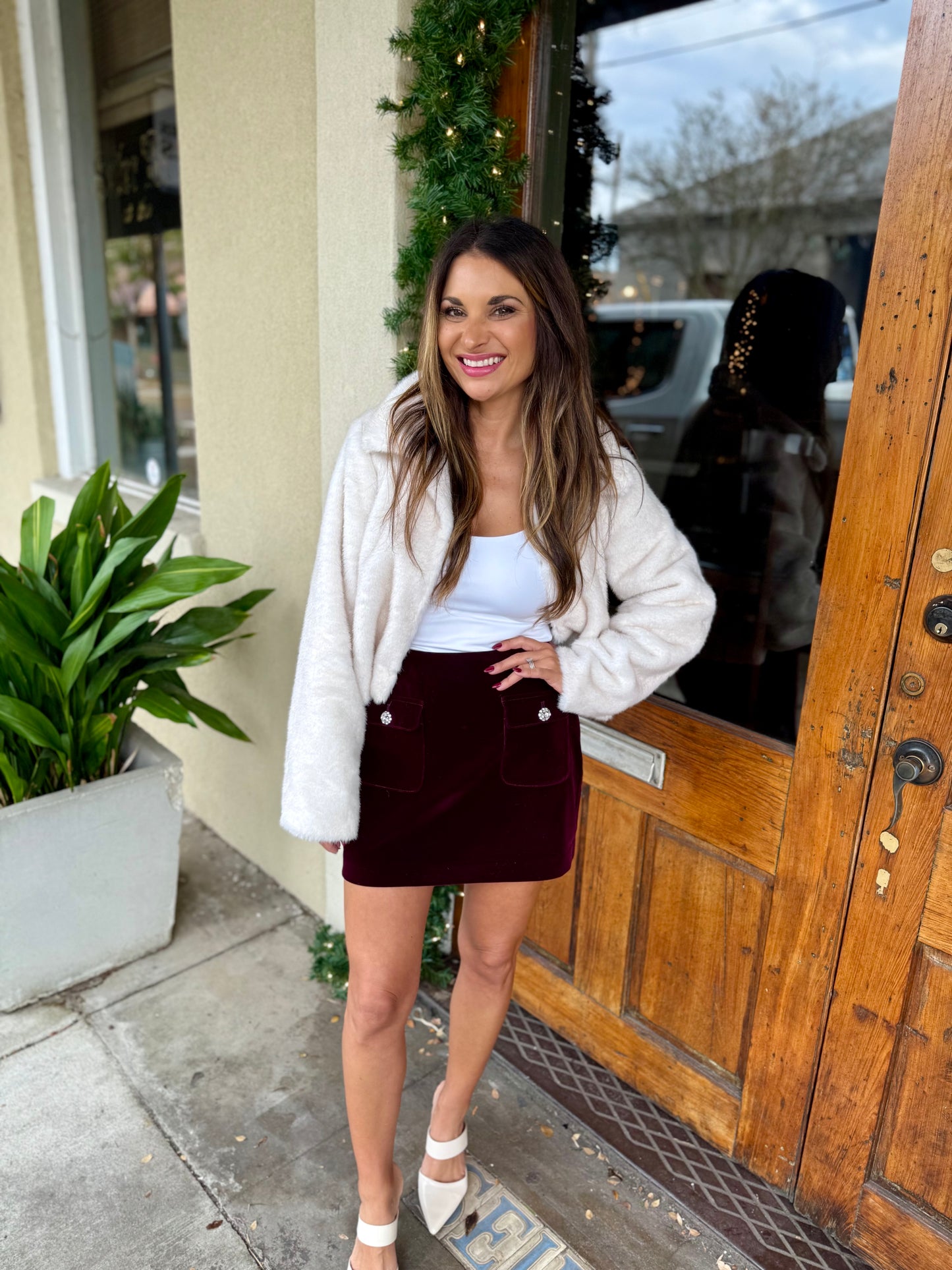 Velvet Jeweled Button Mini Skirt- Merlot