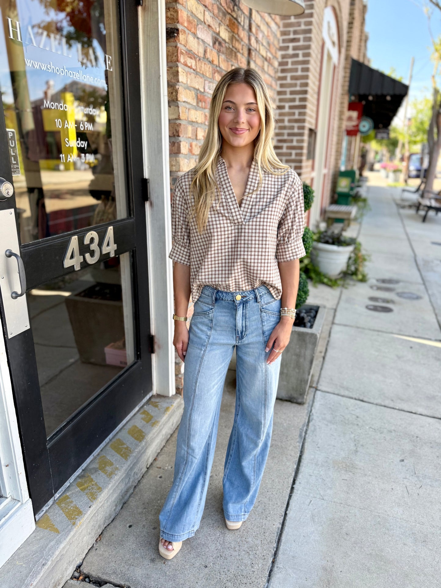 Johnny Gingham Top- Mocha Natural