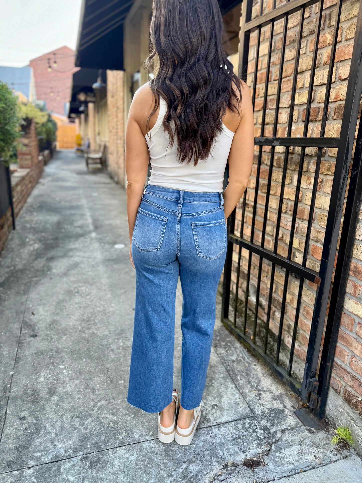 Aileeah (Right) HR Cropped Slim Wide Denim- Blue