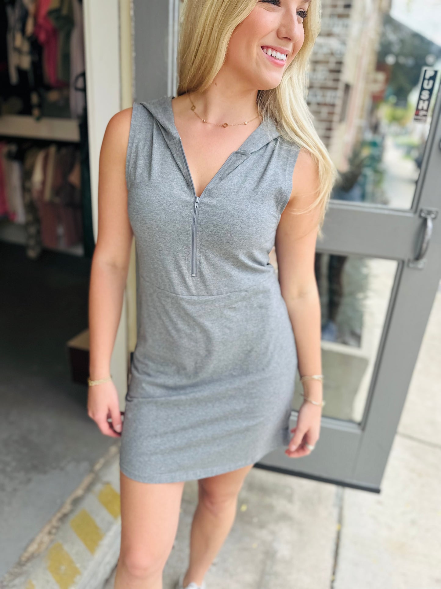 Hunter Hooded Zip Dress- Grey