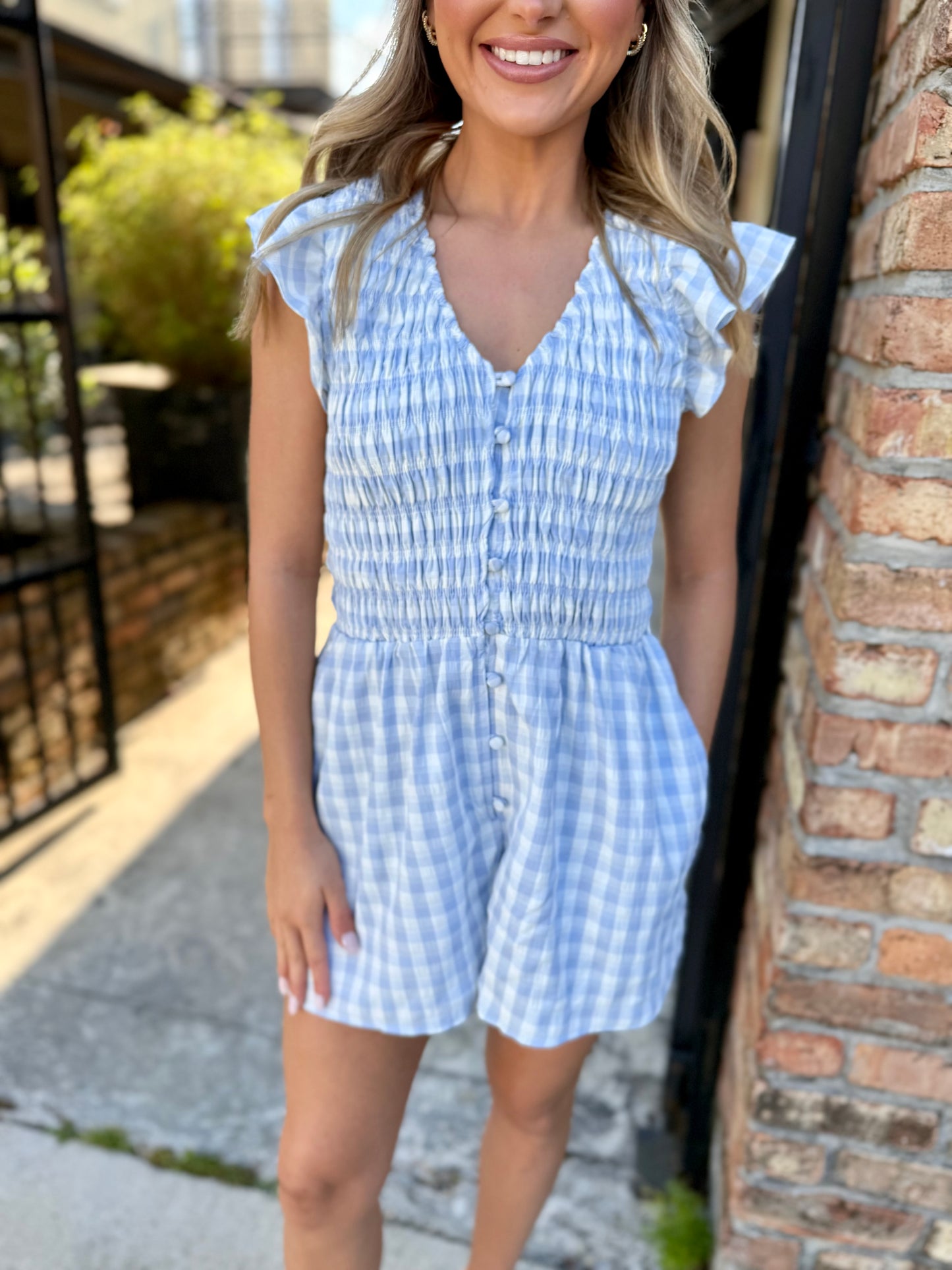 Starlet Gingham Romper- Sky Blue