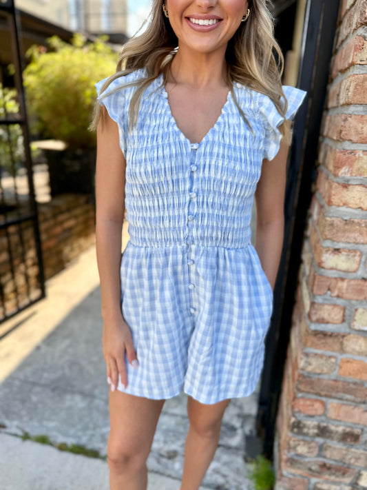 Starlet Gingham Romper- Sky Blue