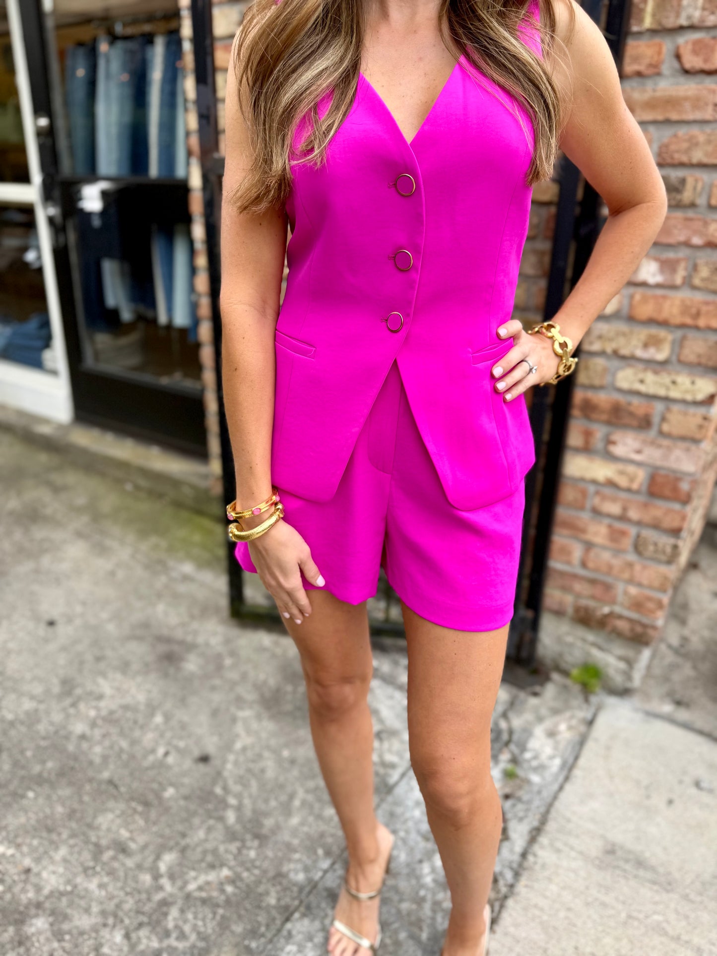 Lucas Button Vest- Hot Flamingo