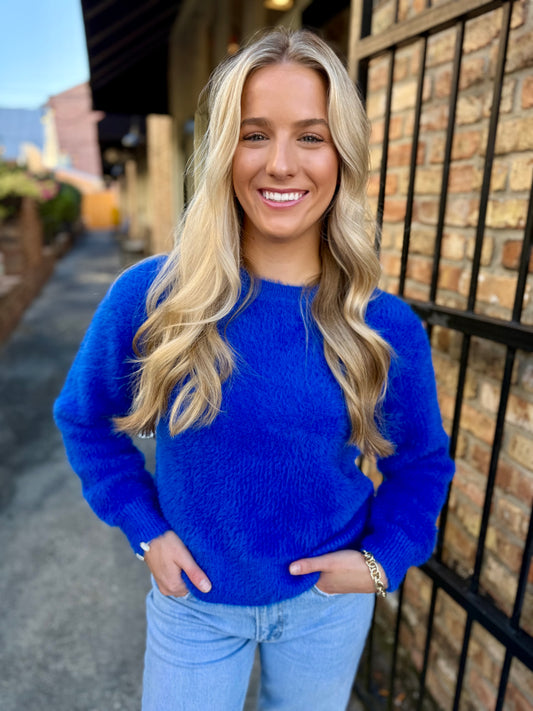 Fuzz Eyelash Sweater- Cobalt