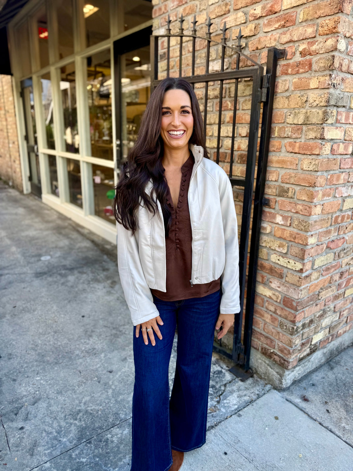 Philly Faux Leather Bomber Jacket- Ivory