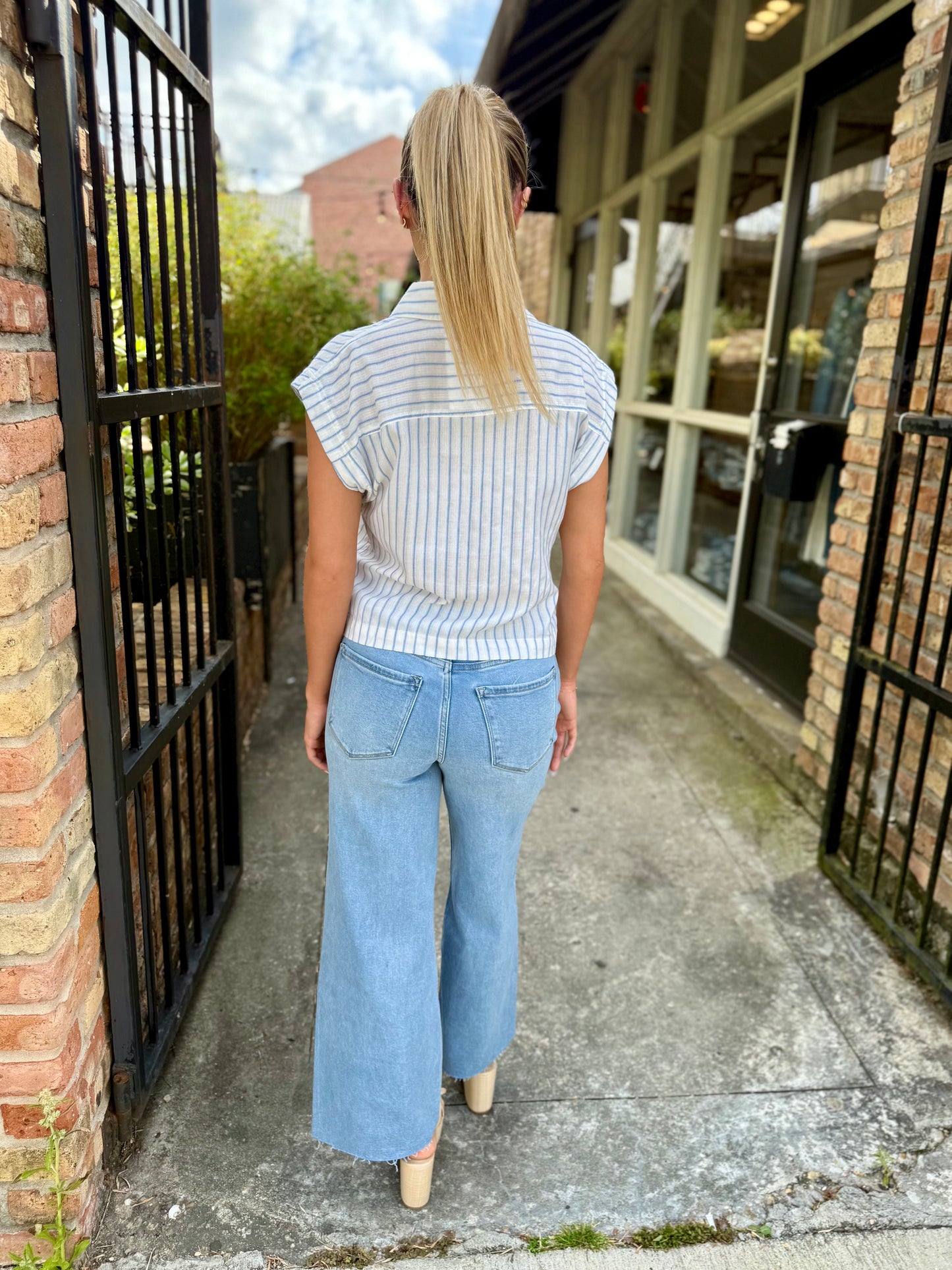 Barry Striped Button Up Top- Blue