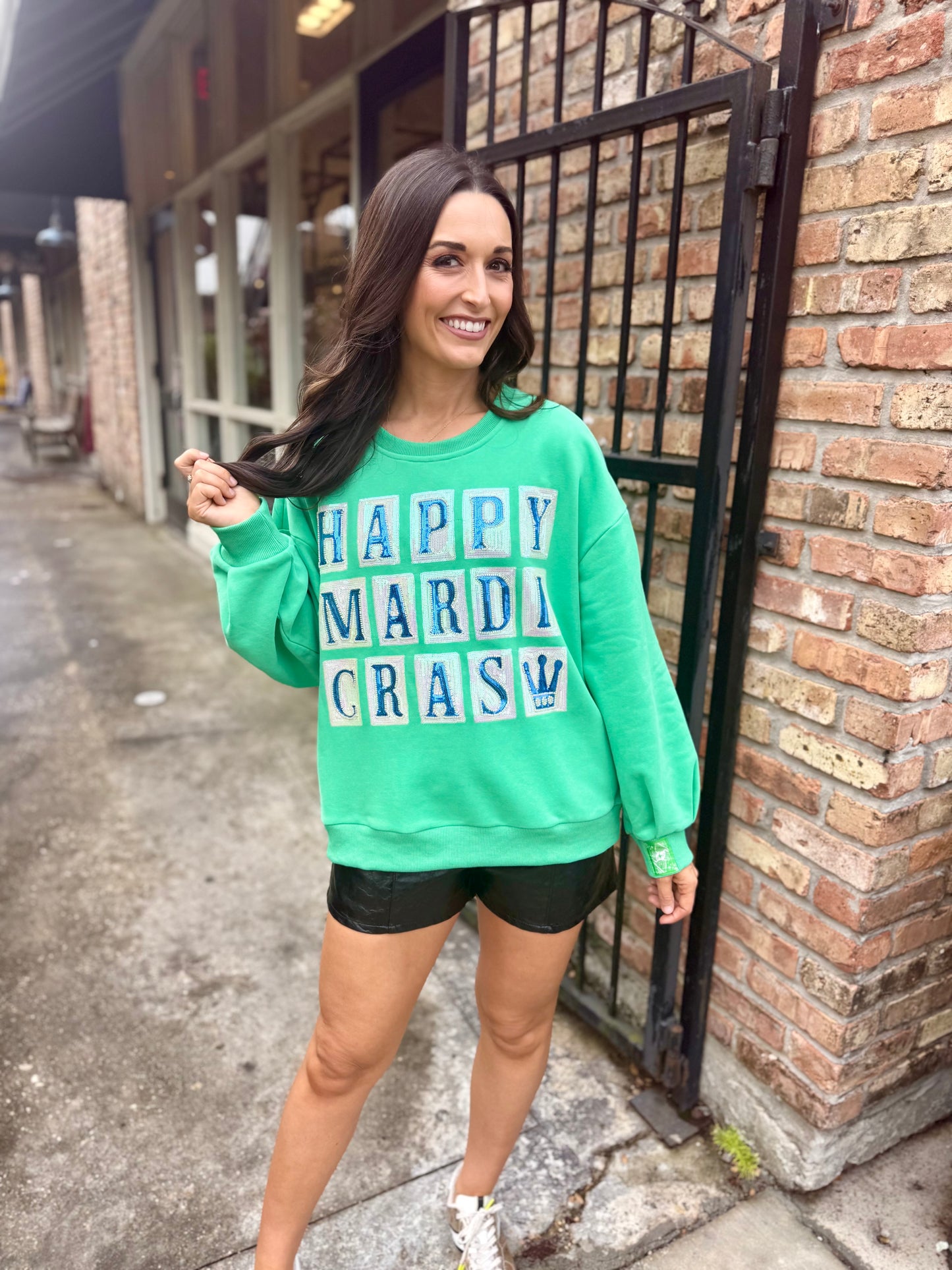 Happy Mardi Gras Street Tile Sweatshirt- Green