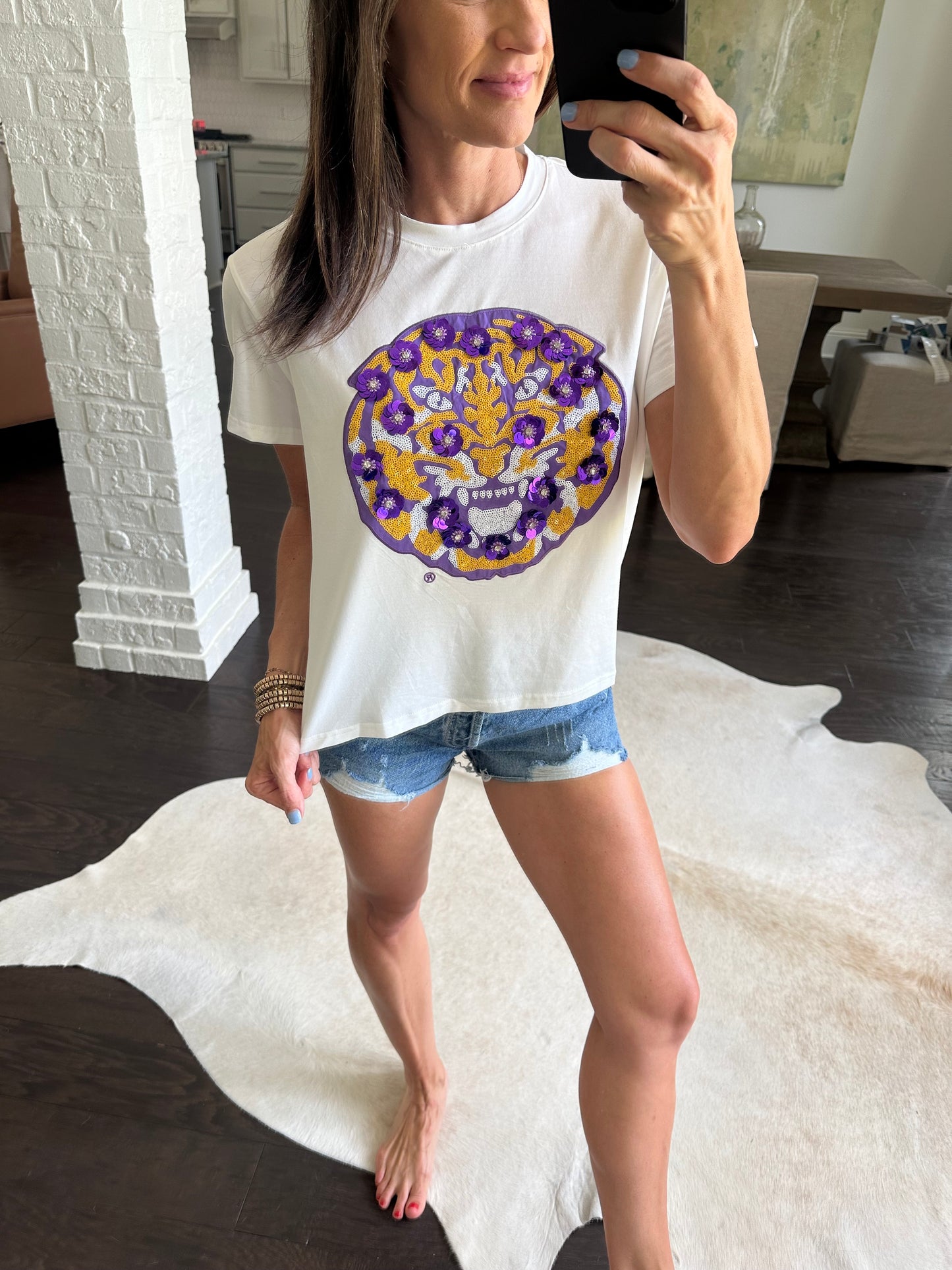 LSU Mascot Sequin Flower Tee- White