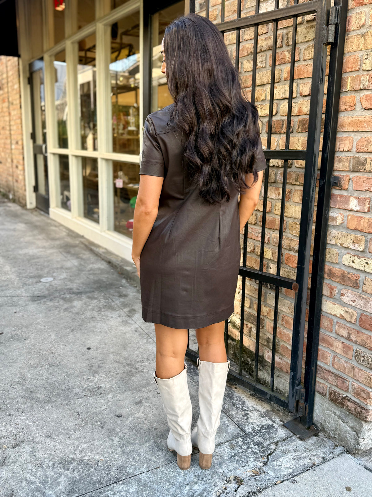 Tatiana Faux Leather Dress- Chocolate