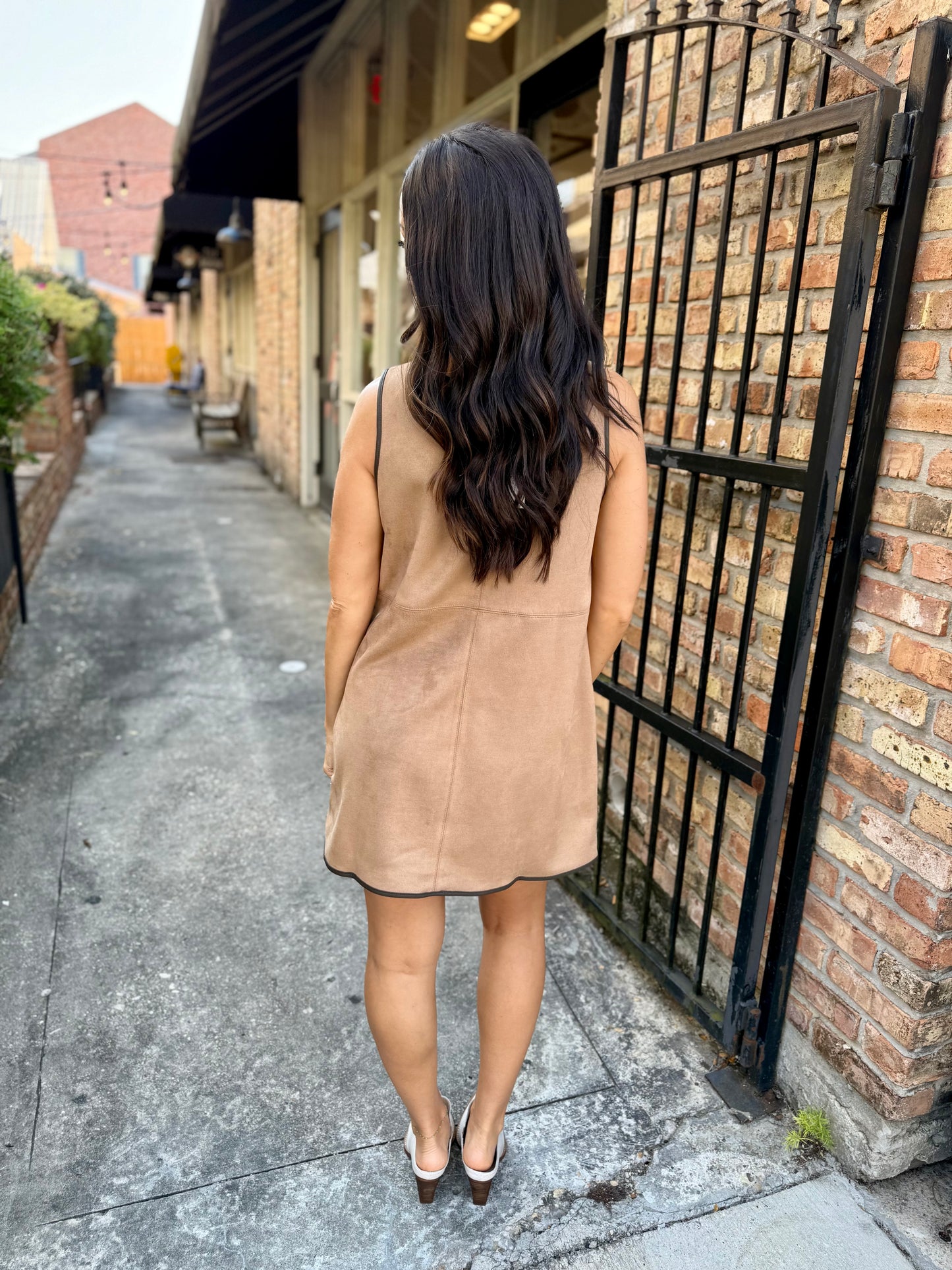 Brady V-Neck Suede Shift Dress- Mocha