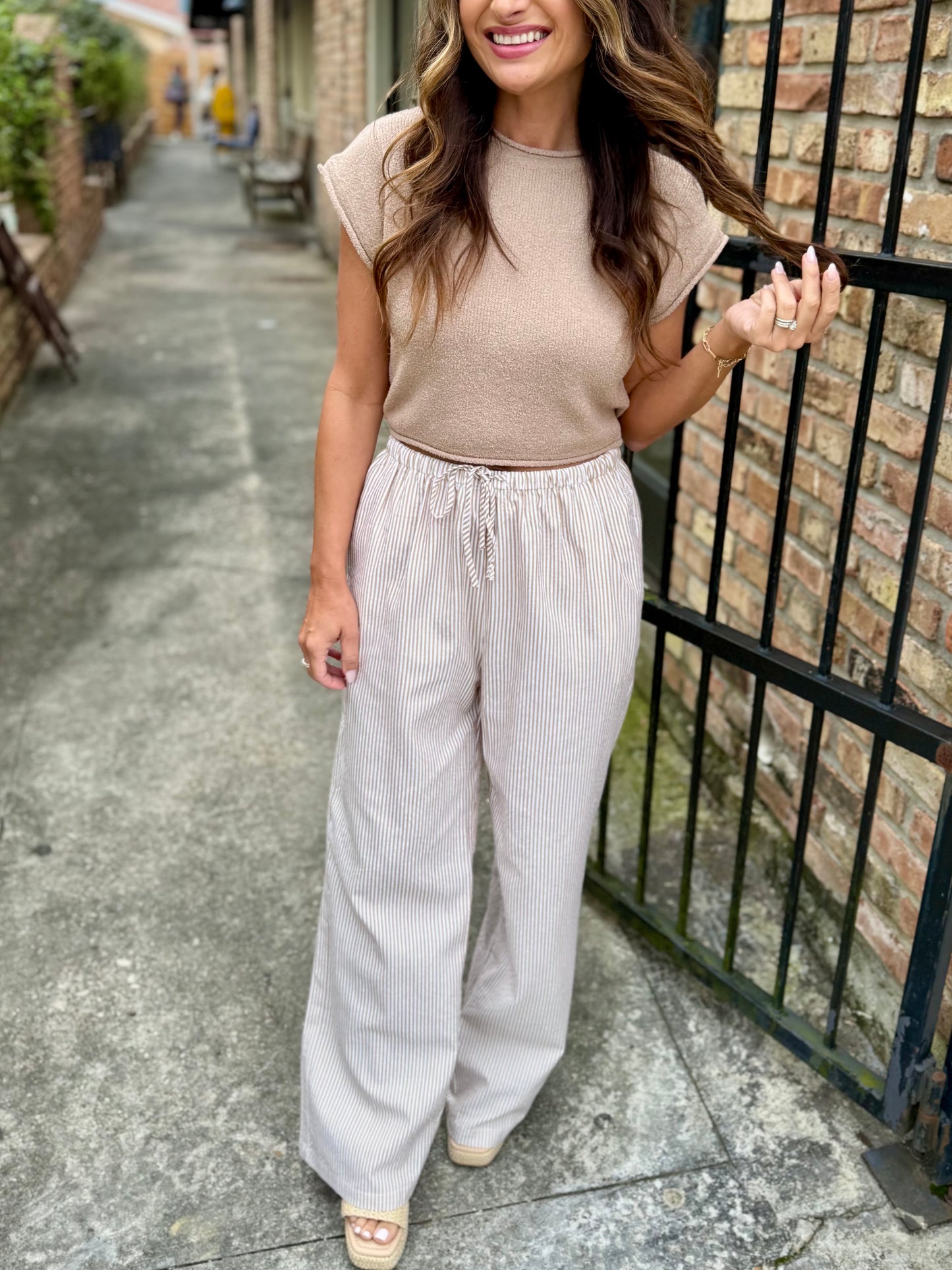 Striped Wide Leg Drawstring Pants- Taupe