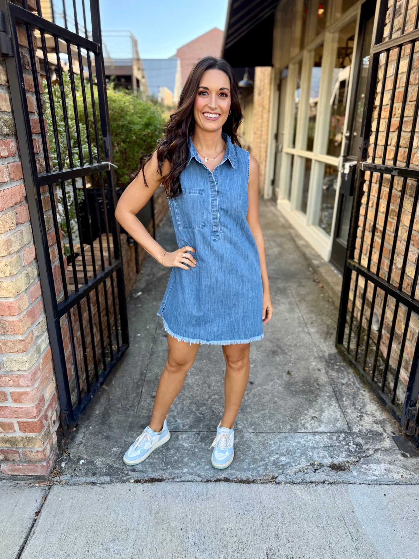 Single Pocket Moon Mini Dress- Washed Denim