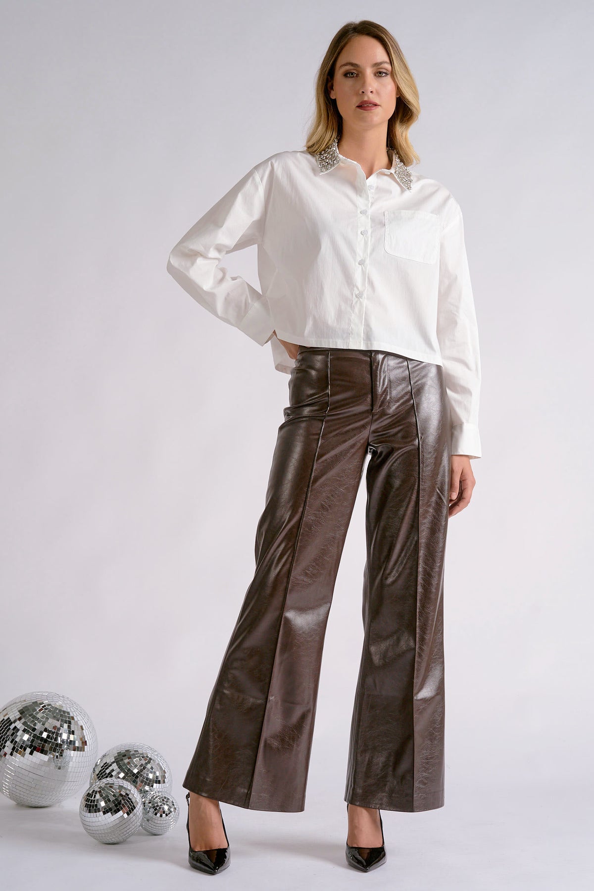 Embellished Stone Collar Poplin- White