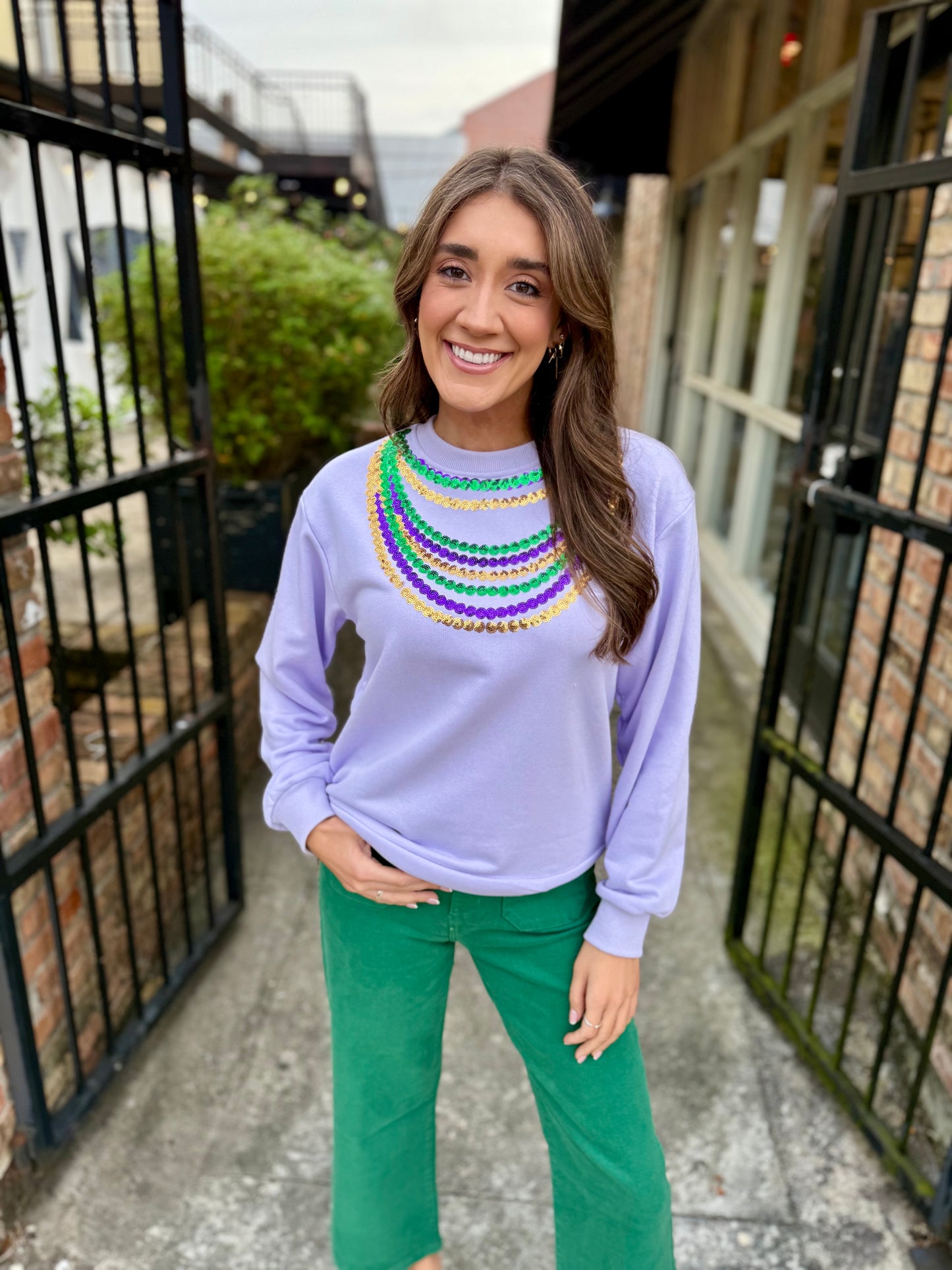 Mardi Gras Bead Sweatshirt- Lavender