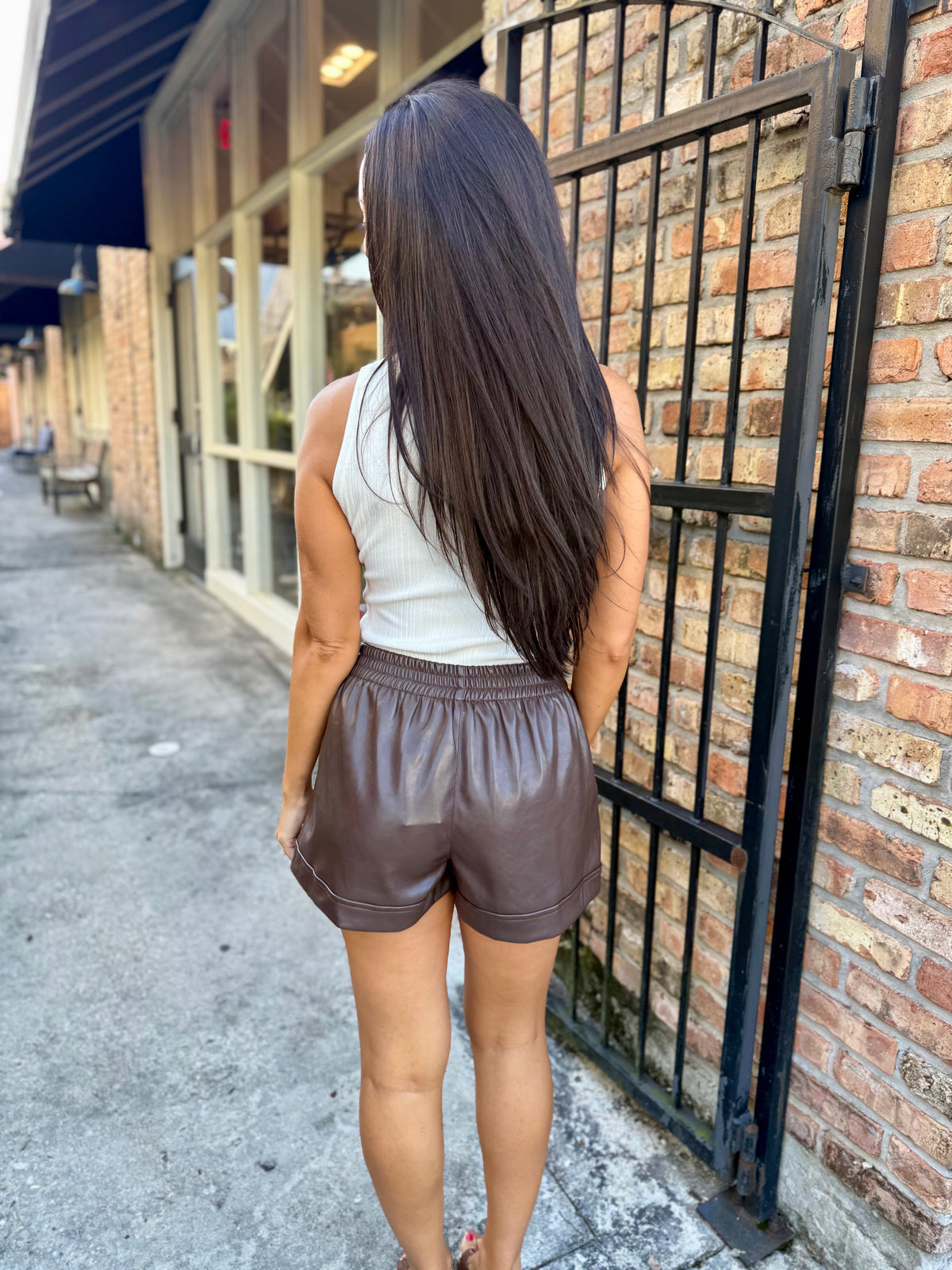 Albe Faux Leather Shorts- Brown