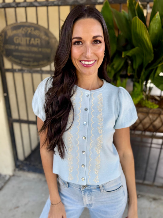 Pepita Puff Sleeve Cardigan-Blue Emboridered