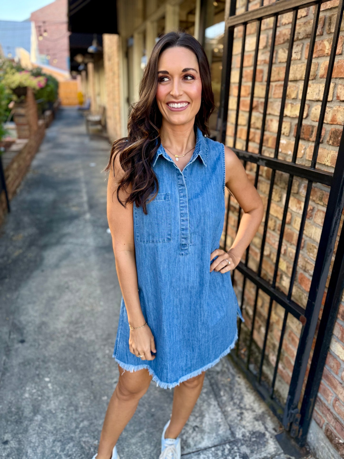 Single Pocket Moon Mini Dress- Washed Denim