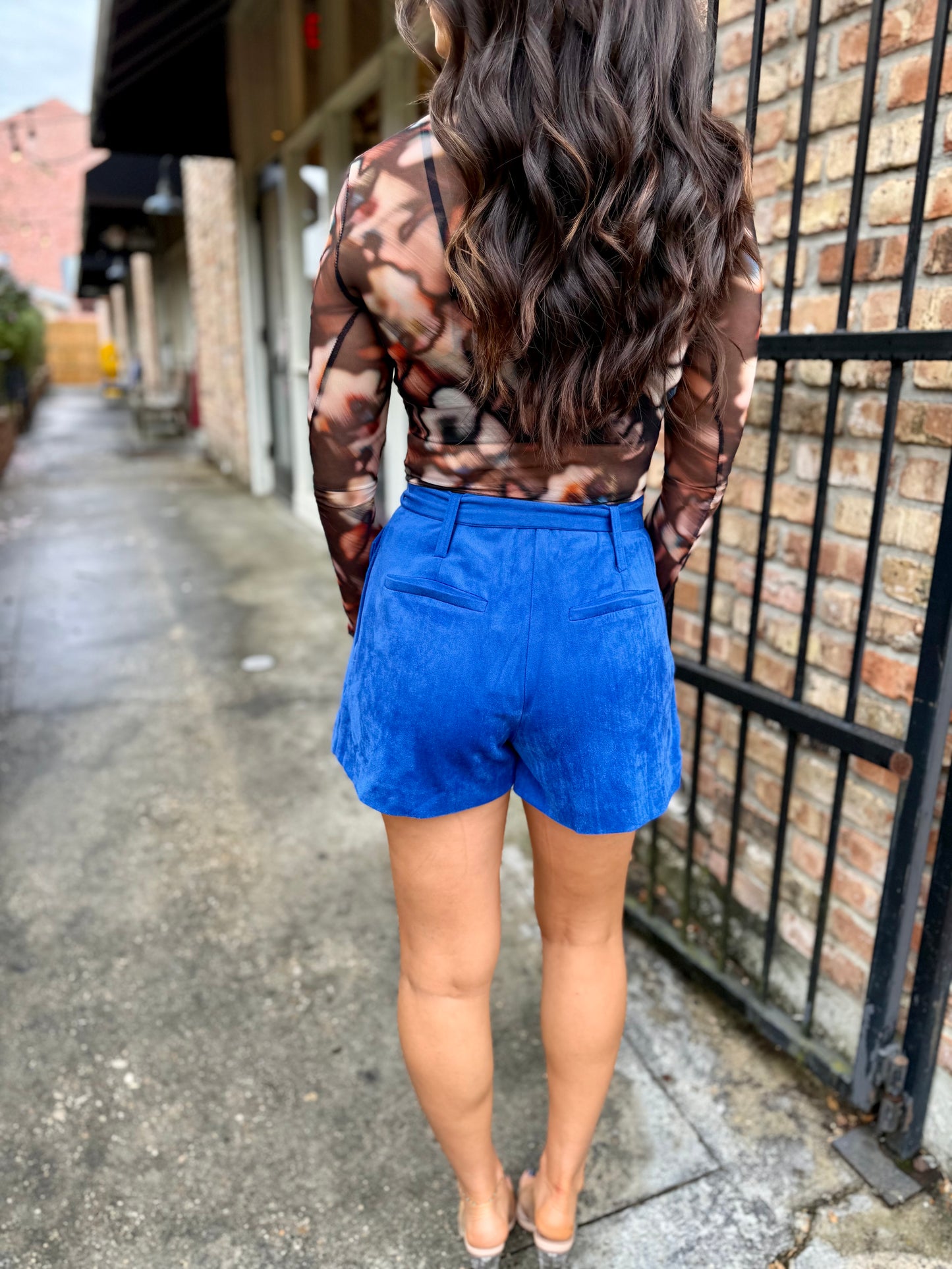 Suede Pleated Wide Leg Shorts- Cobalt