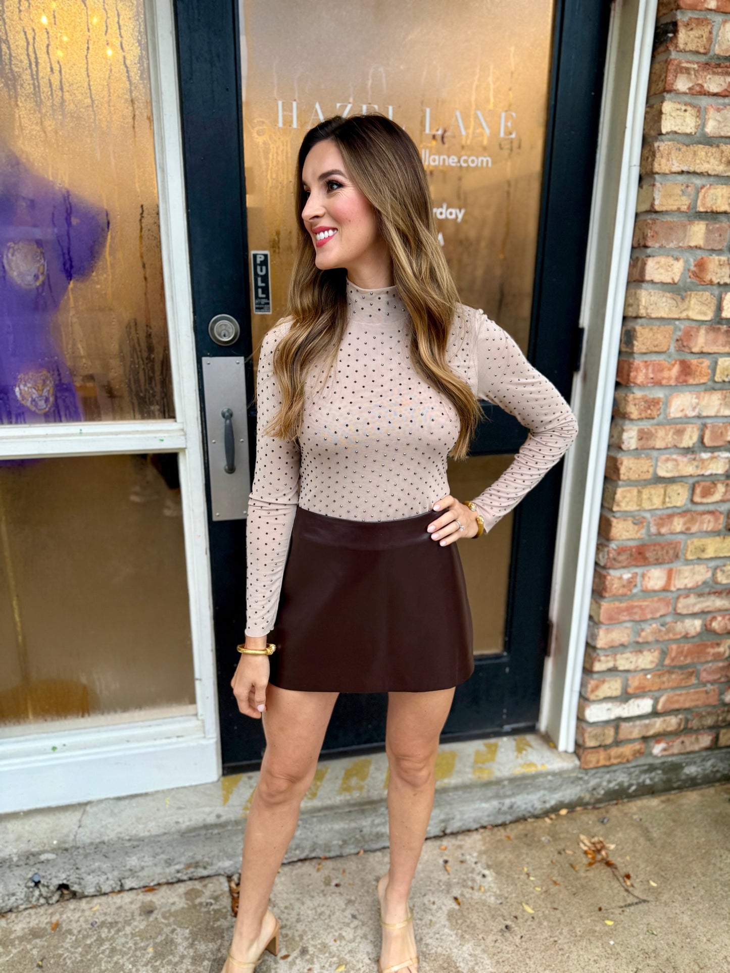 Embellished Mesh Mock Neck Top- Beige