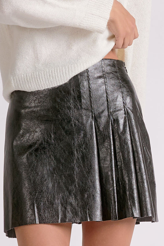 Pleated Faux Leather Mini Skirt- Black