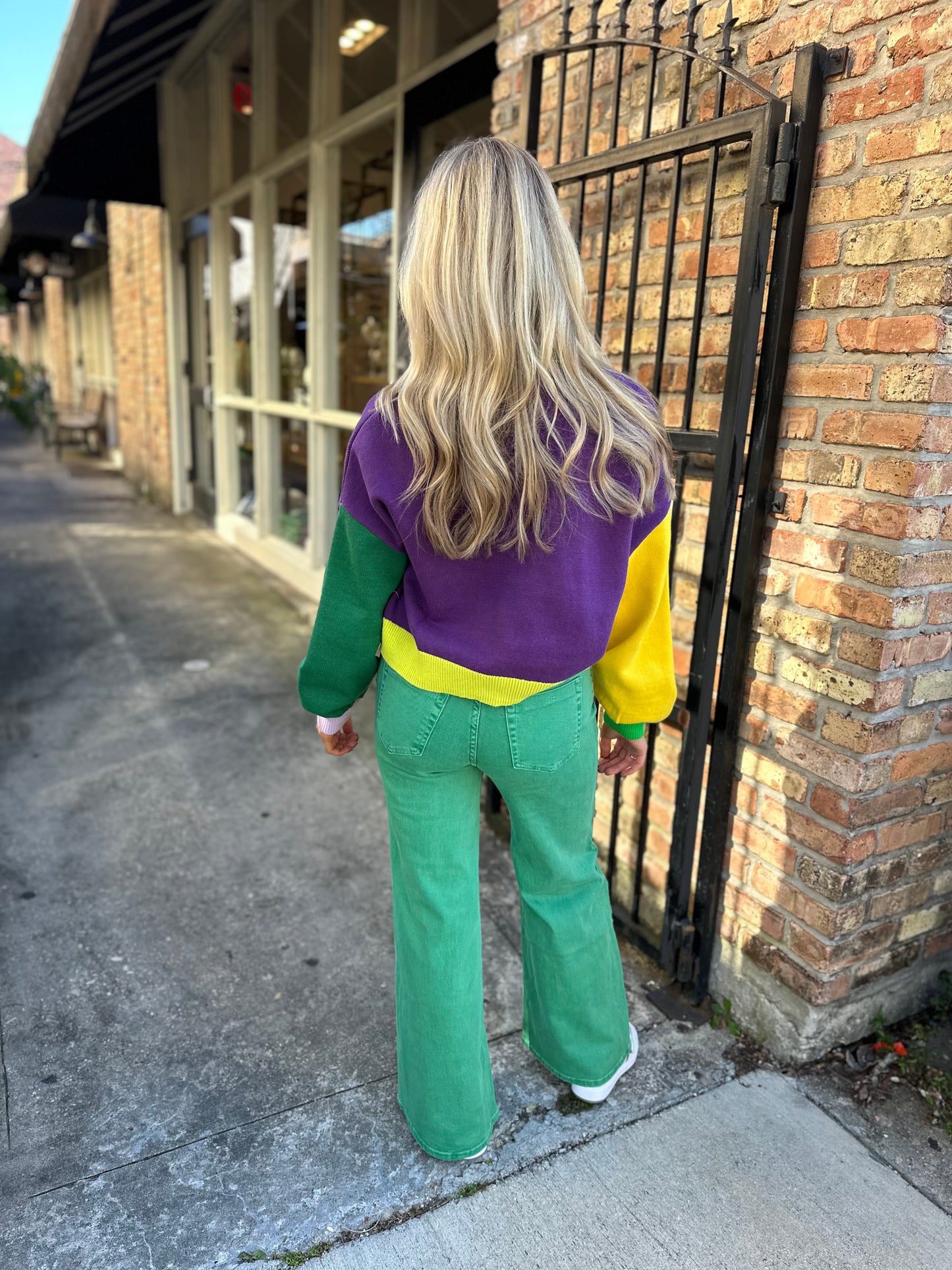 Mardi Gras Fuzzy Colorblock Sweater- Purple