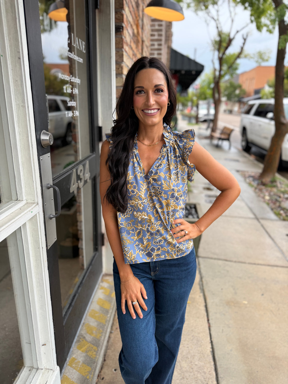 Dusty Indigo Floral Ruffle Top