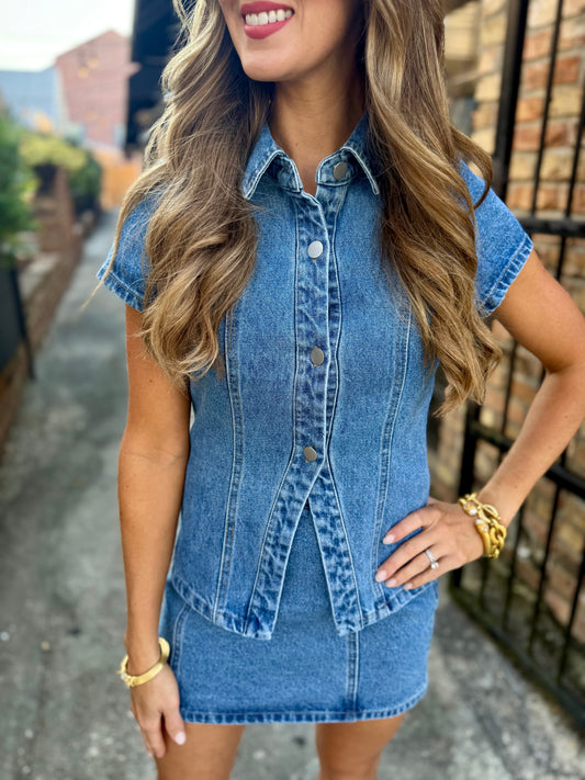 Cody Denim Button Top- Blue