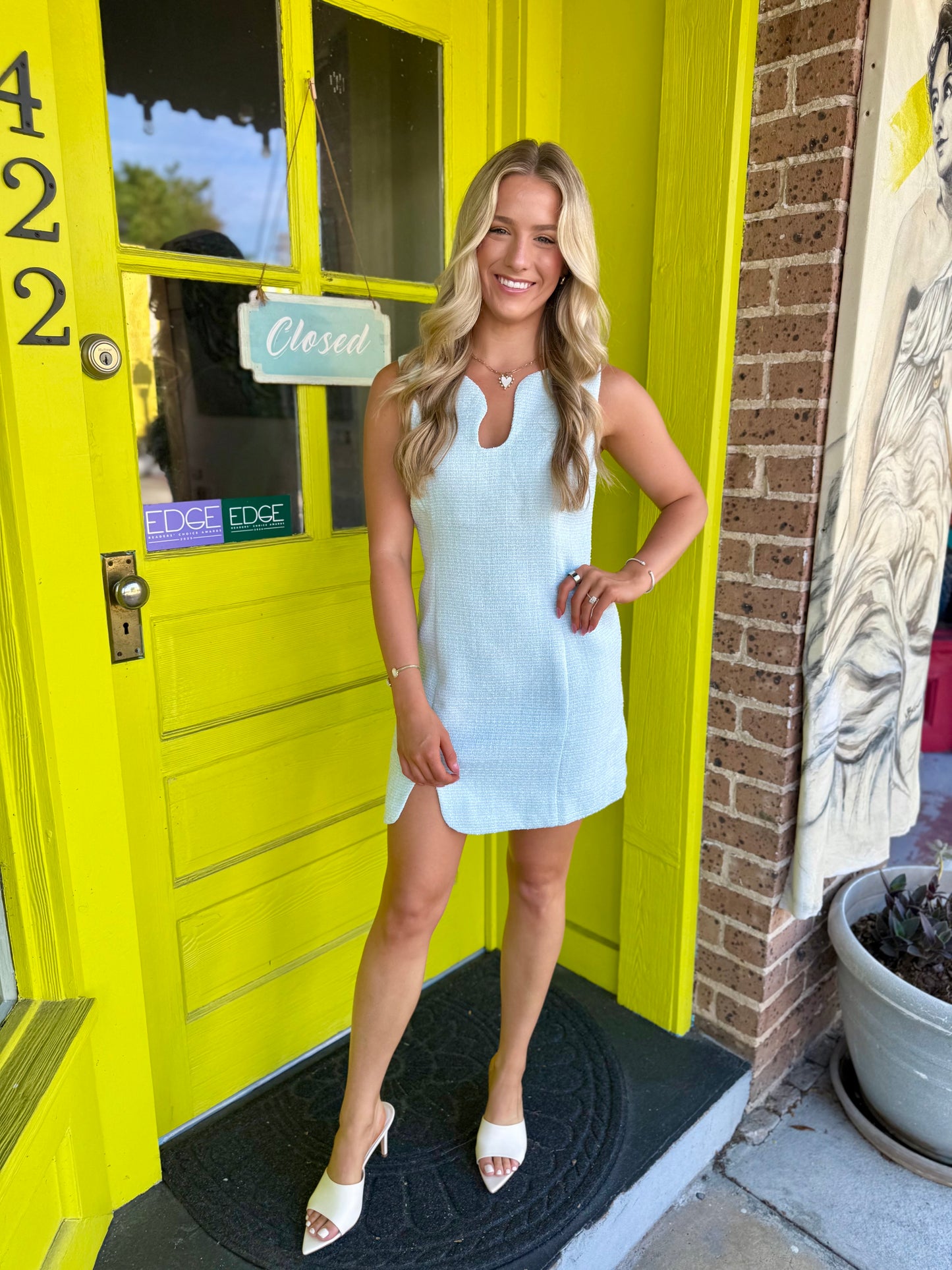 Wavy Cutout Tweed Dress- Lt Blue