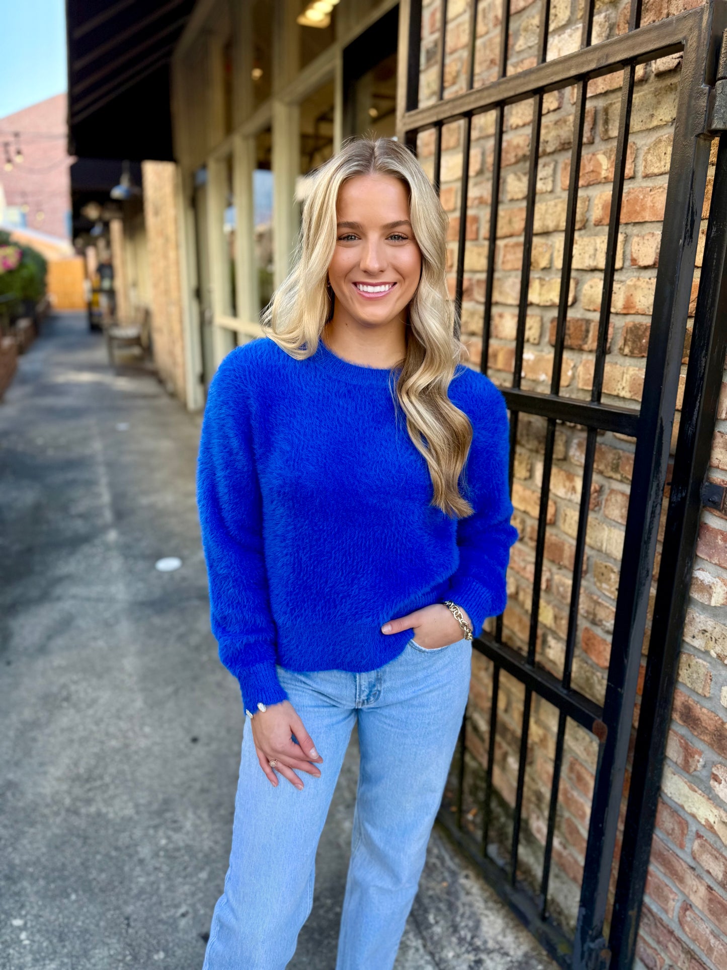 Fuzz Eyelash Sweater- Cobalt