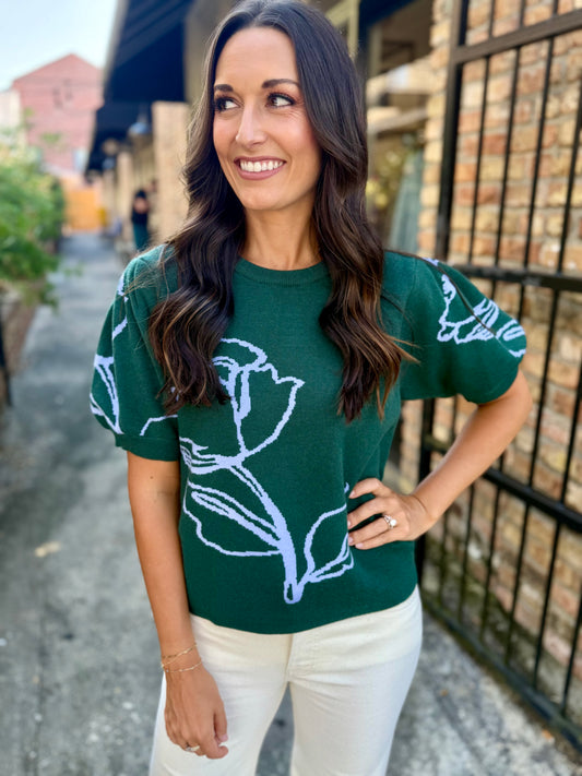 Floral Montif Sweater Top- Green