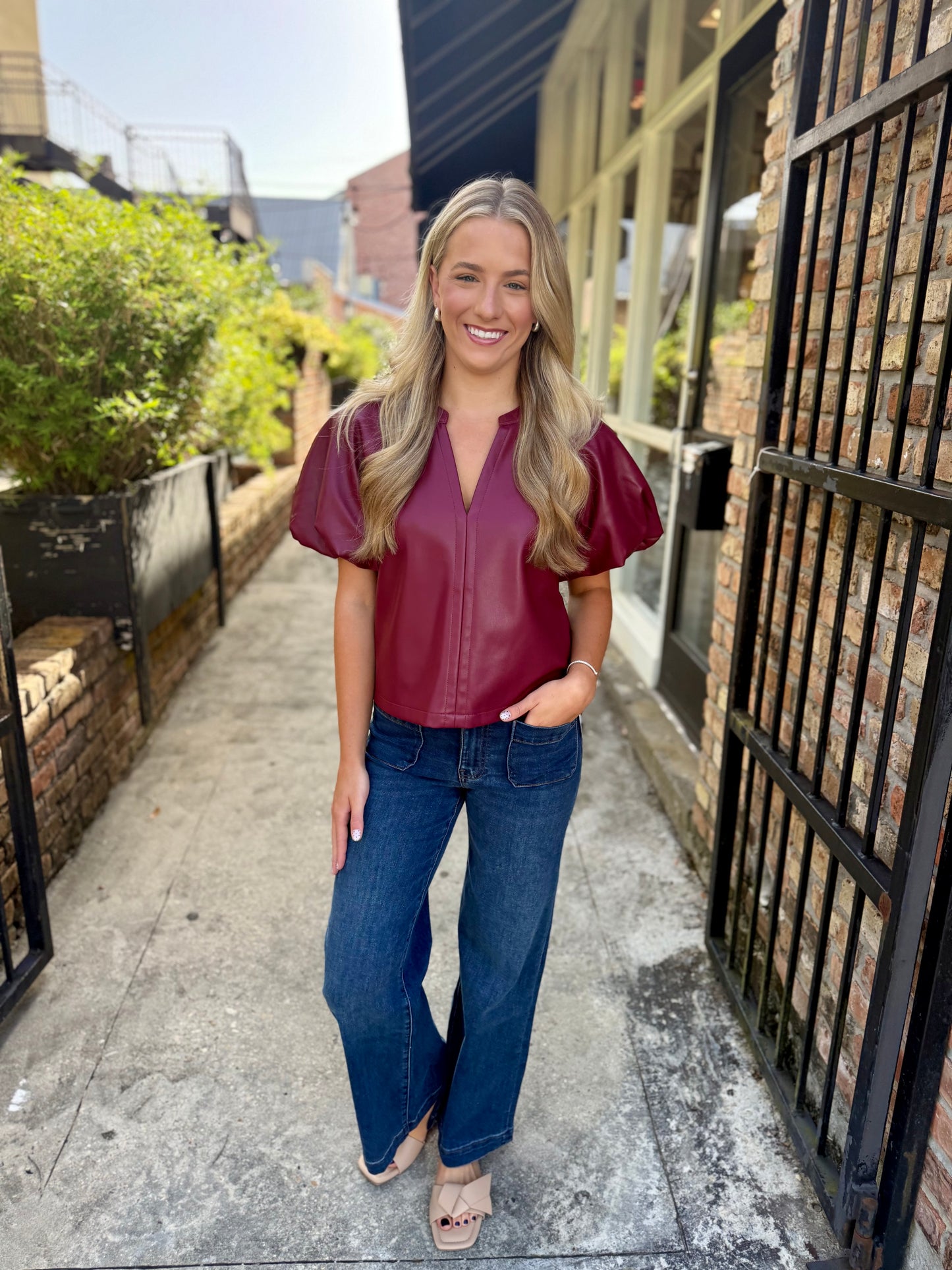 Cecila Faux Leather Top- Cordovan