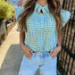 Burb Gingham Flutter Sleeve Top- Blue/Yellow