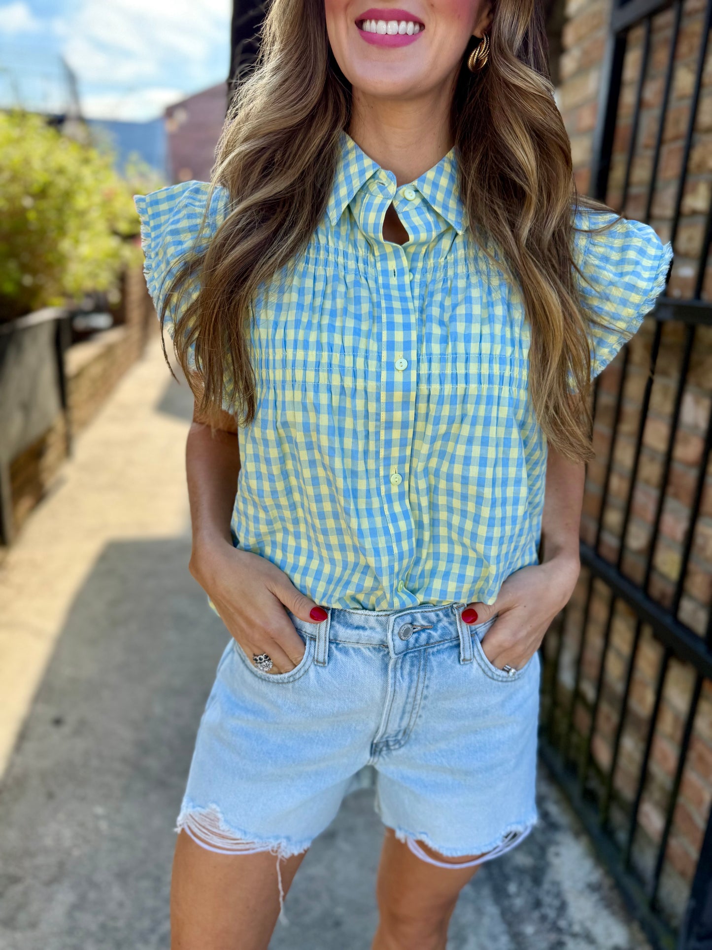 Burb Gingham Flutter Sleeve Top- Blue/Yellow
