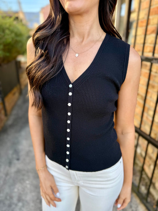 Shell Button Sweater Tank- Black