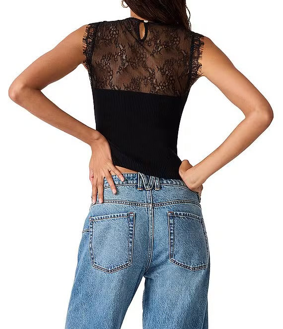 Kourt Lace Rib Knit Top- Black