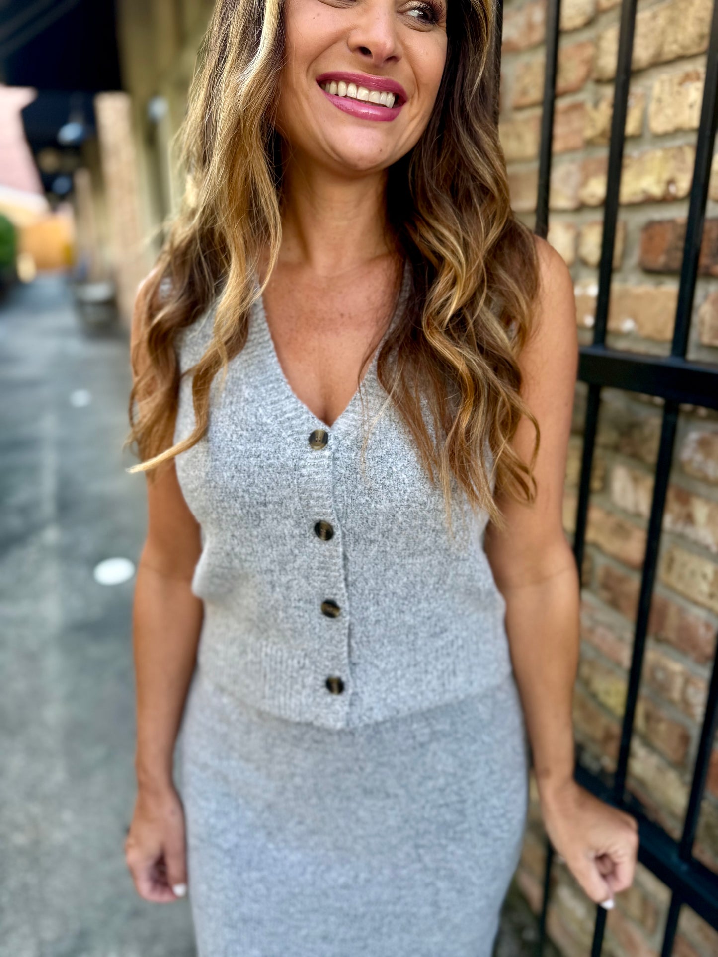 Beverly 2 PC Button Vest & Midi Skirt Knit Set- Gray